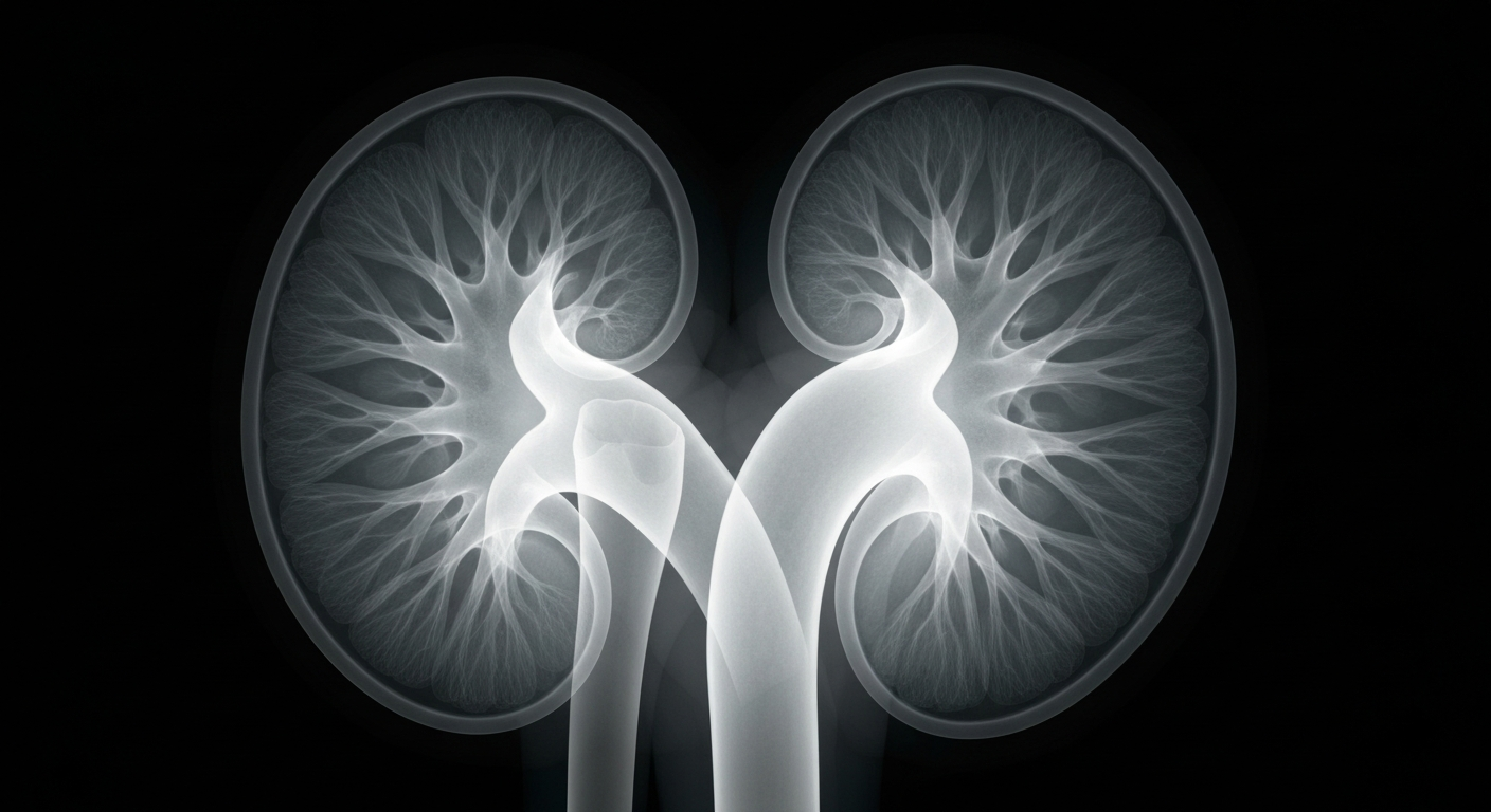 A ghostly, translucent X-ray image of a human kidney, its intricate internal structures visible as glowing lines against a dark background, representing the life-saving organ donation at the heart of this story.