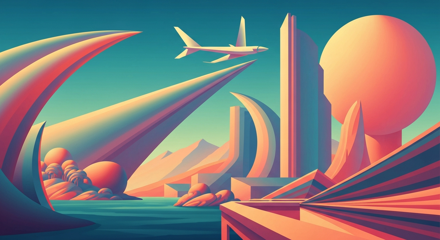 A highly stylized, geometric illustration in the Art Deco style, featuring sweeping gradients of warm colors and towering, streamlined architectural forms that evoke a sense of travel and exploration, with spiderwebs woven throughout the composition to symbolize the prevalence of spiders in certain destinations.