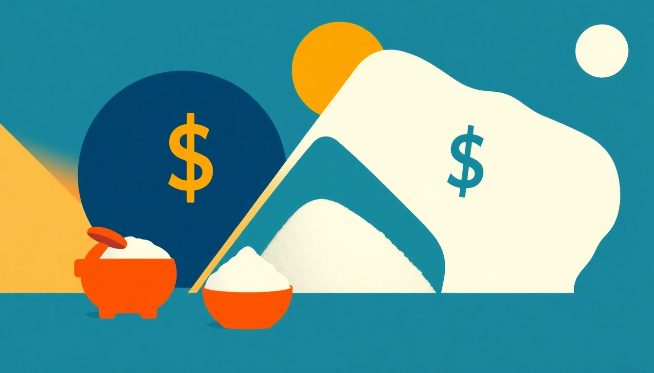 A vibrant abstract composition of intersecting triangles and circles in shades of blue, red, and yellow, conceptually representing the surplus of sugar in the global market.