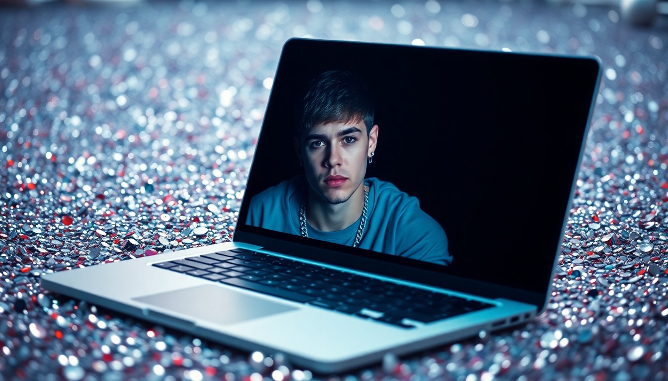 An abstract, high-contrast close-up photograph of a laptop screen reflecting a blurred, distorted image of Justin Bieber, surrounded by a glittering field of sequins and shattered disco glass, conceptually representing the divisive nature of the pop star's unconventional Coachella performance.