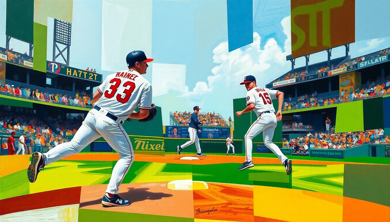 A cubist, geometric painting depicting a baseball game between the Minnesota Twins and a left-handed pitcher, with the players and field broken down into sharp, overlapping planes of color.