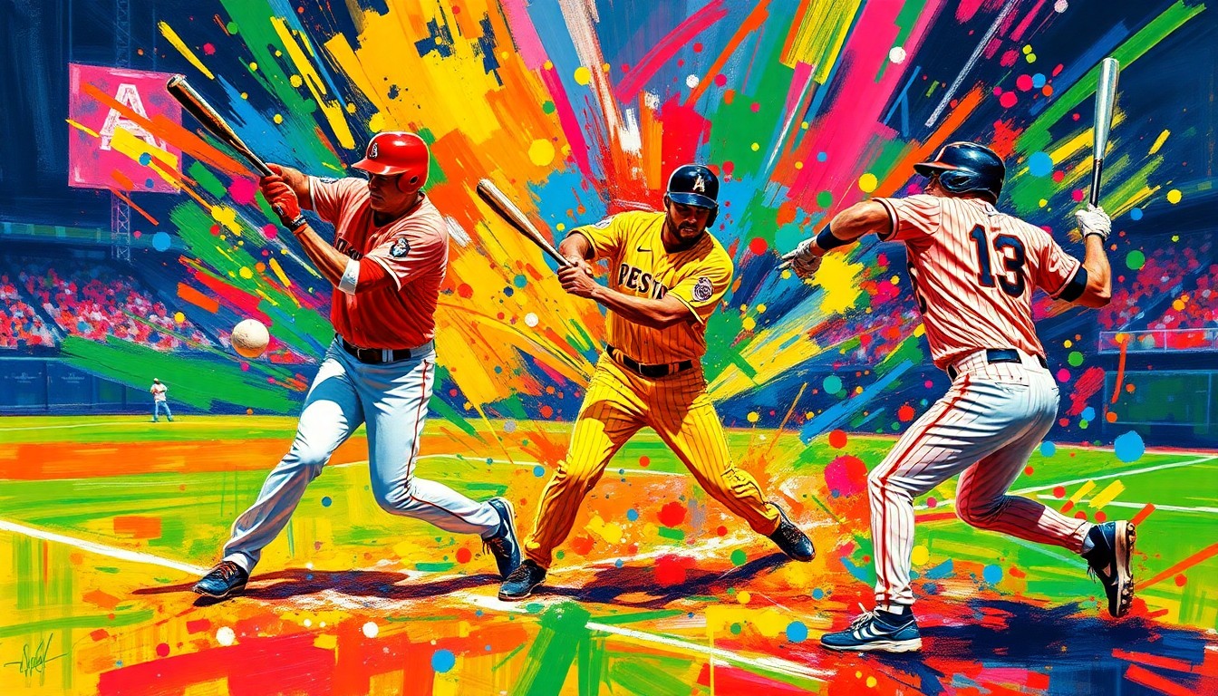 A dynamic, abstract painting in neon colors and expressive brushstrokes, capturing the intense action and momentum of a baseball game, with players' forms blending into a vibrant, energetic composition.