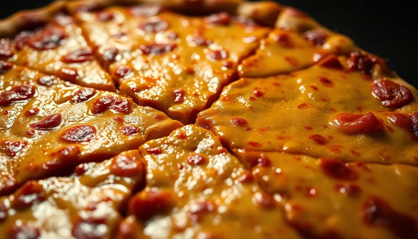 An extreme macro photograph of a cracked, greasy pizza crust texture, shot in high-contrast studio lighting to capture the glitz and grime of Coachella's overpriced food offerings.