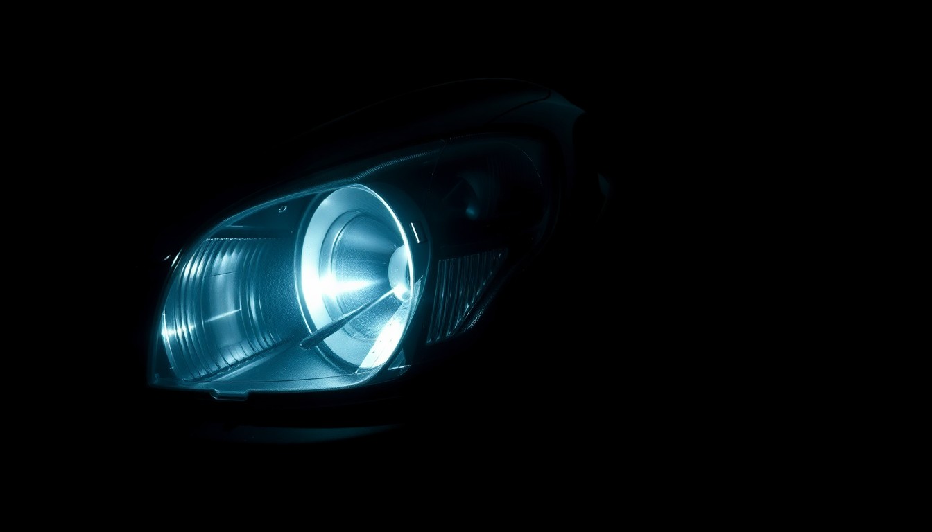 An extreme close-up photograph of a damaged car part, such as a broken headlight or crumpled fender, lit by a harsh, direct camera flash against a pitch-black background, conceptually illustrating the aftermath of a serious car crash.