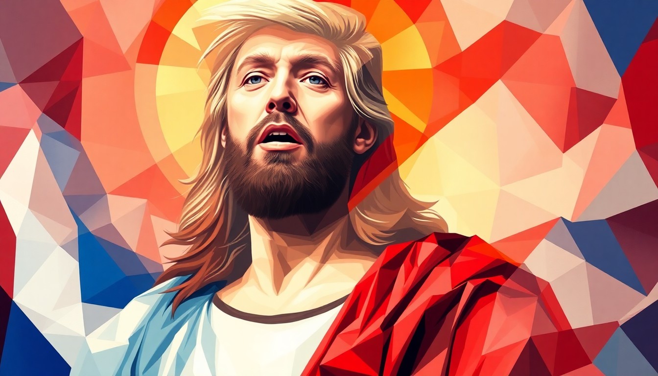 A fractured, geometric painting in shades of red, white, and blue, depicting an AI-generated image of Donald Trump as Jesus Christ, with overlapping, fractured brushstrokes conveying a sense of political and religious tension.