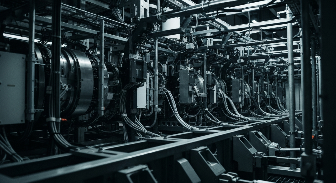 An extreme close-up of the intricate, metallic components and cabling of a telecommunications hub, rendered in high-contrast black and white to evoke the industrial, documentary style of photographer Margaret Bourke-White. The image serves as a conceptual representation of the complex systems that enable modern communication networks.
