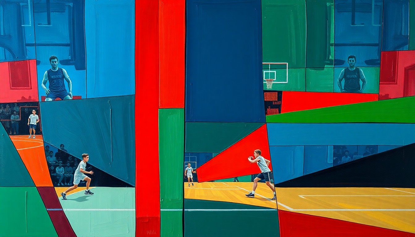 A cubist, geometric painting in shades of blue, green, and red, conceptually representing the fragmented action and energy of a high school sports competition.