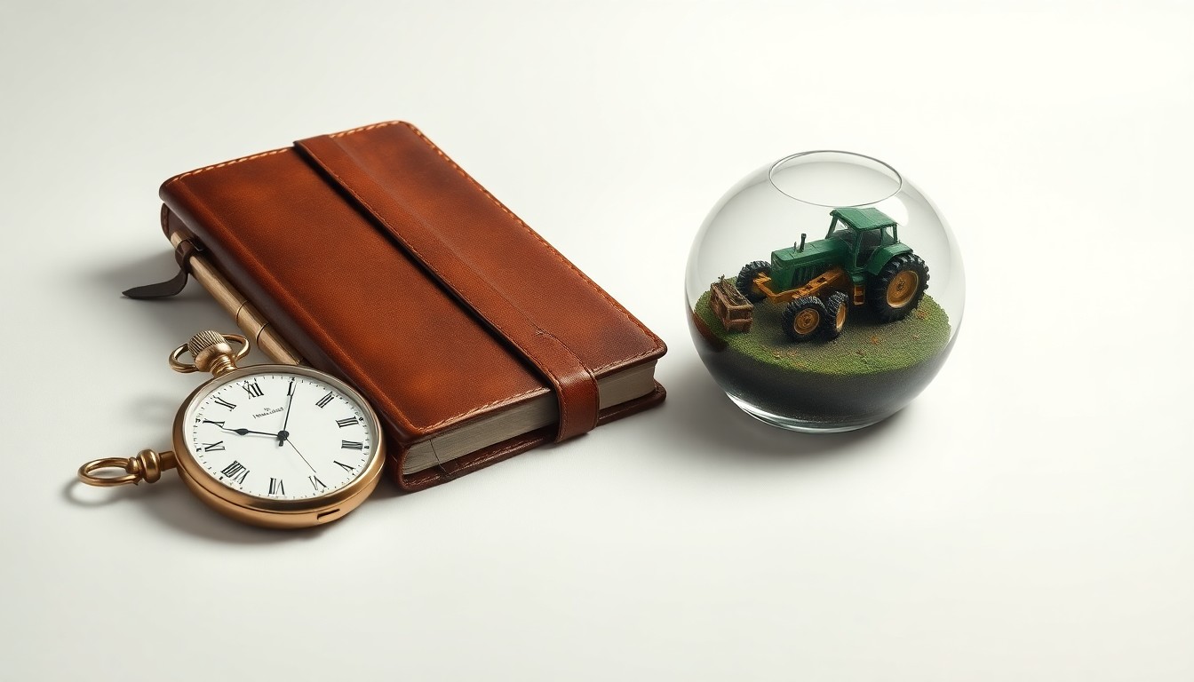 A high-end, photorealistic studio still-life featuring a vintage pocket watch, a leather-bound ledger, and a glass paperweight with a miniature tractor inside, arranged elegantly on a clean, monochromatic background to conceptually represent the specialized agricultural insurance expertise of Stroud National Agency.