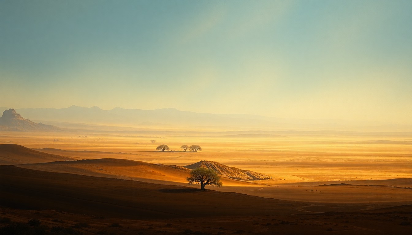 A sweeping, atmospheric landscape painting depicting a vast, hazy rural scene with only a few sparse trees or structures dwarfed by the expansive horizon, conveying the overwhelming scale and impact of prolonged drought conditions.