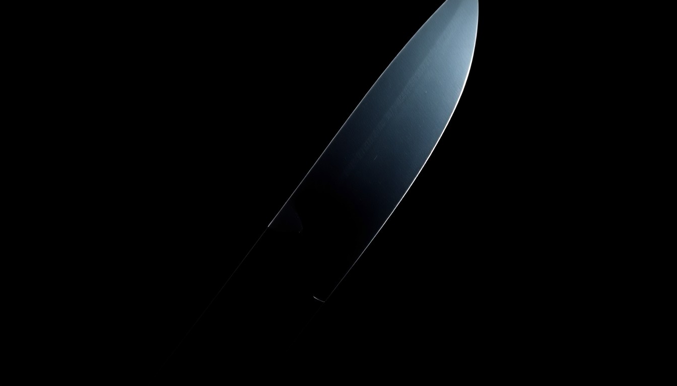 An extreme close-up photograph of a knife blade against a pitch-black background, lit by a harsh, direct camera flash, conceptually illustrating the dangerous weapon used in this crime.