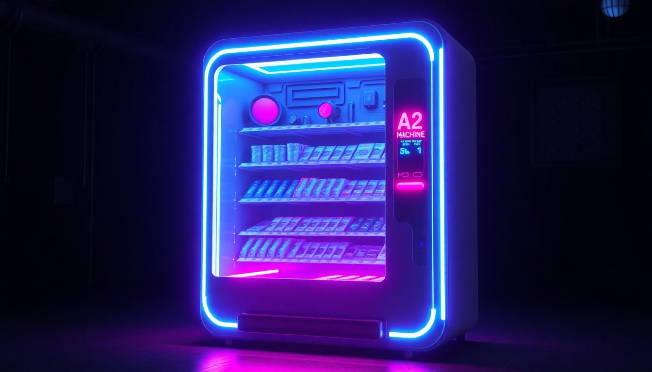 A highly detailed, 3D illustration of an AI-powered vending machine, its internal components and sensors glowing with vibrant neon cyan and magenta lights against a dark, industrial backdrop, conceptually representing the advanced technology powering this new retail concept.