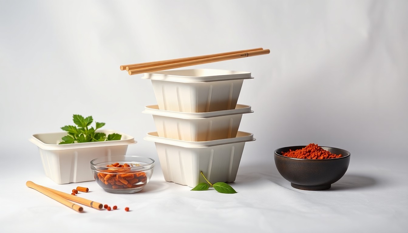 A high-end, photorealistic studio still-life photograph featuring a stack of Thai takeout containers, a pair of chopsticks, and a small bowl of Thai spices arranged elegantly on a clean, white seamless background, conceptually representing the abstract ideas of reputation, trust, and community impact in the restaurant industry.