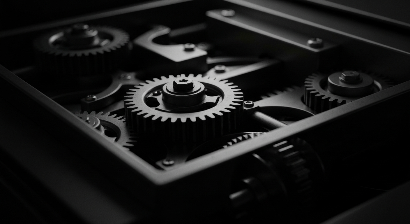 An extreme close-up of the complex gears and mechanisms of a high-end credit card processing machine, conveying the institutional power and financial security behind premium credit card offerings.