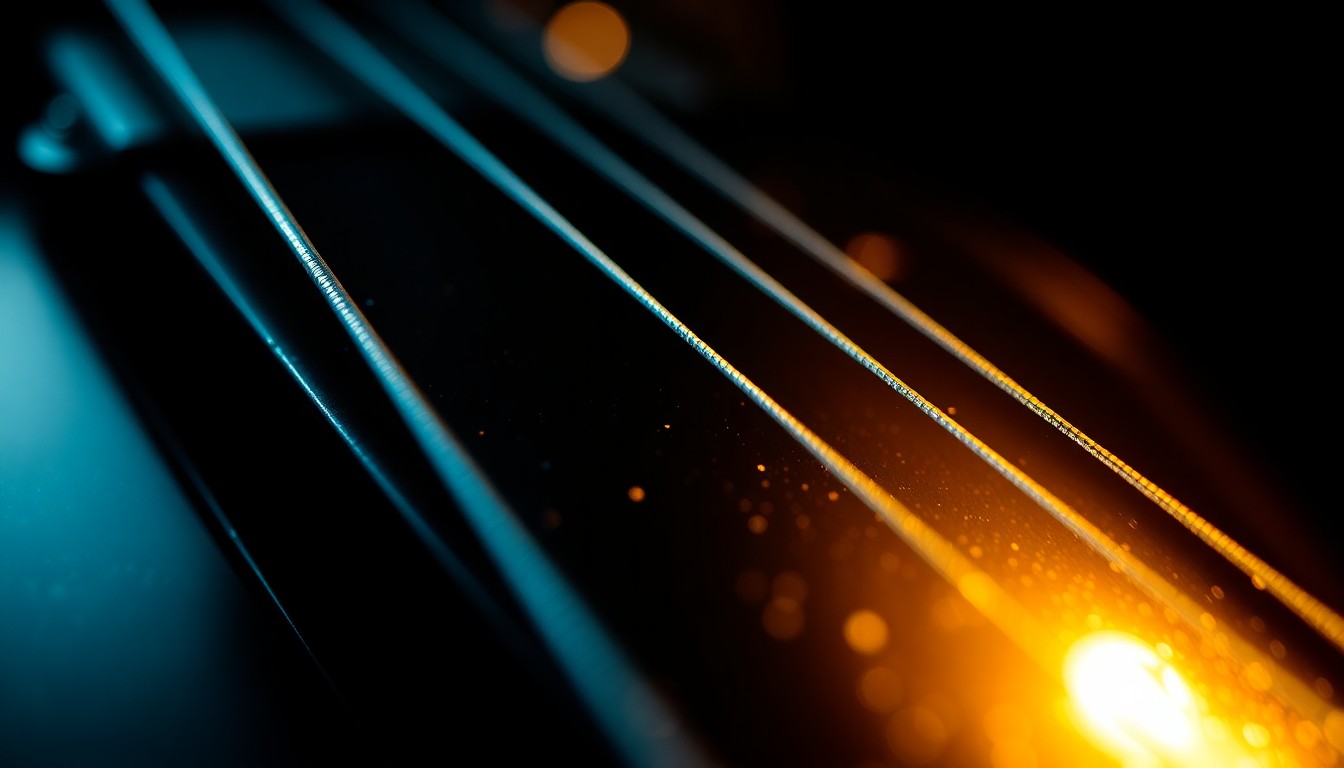 An extreme close-up photograph of guitar strings in dramatic high-contrast lighting, capturing the intricate textures and materials in a glitzy, high-fashion style that conceptually represents the resilience of a musician living with Parkinson's disease.