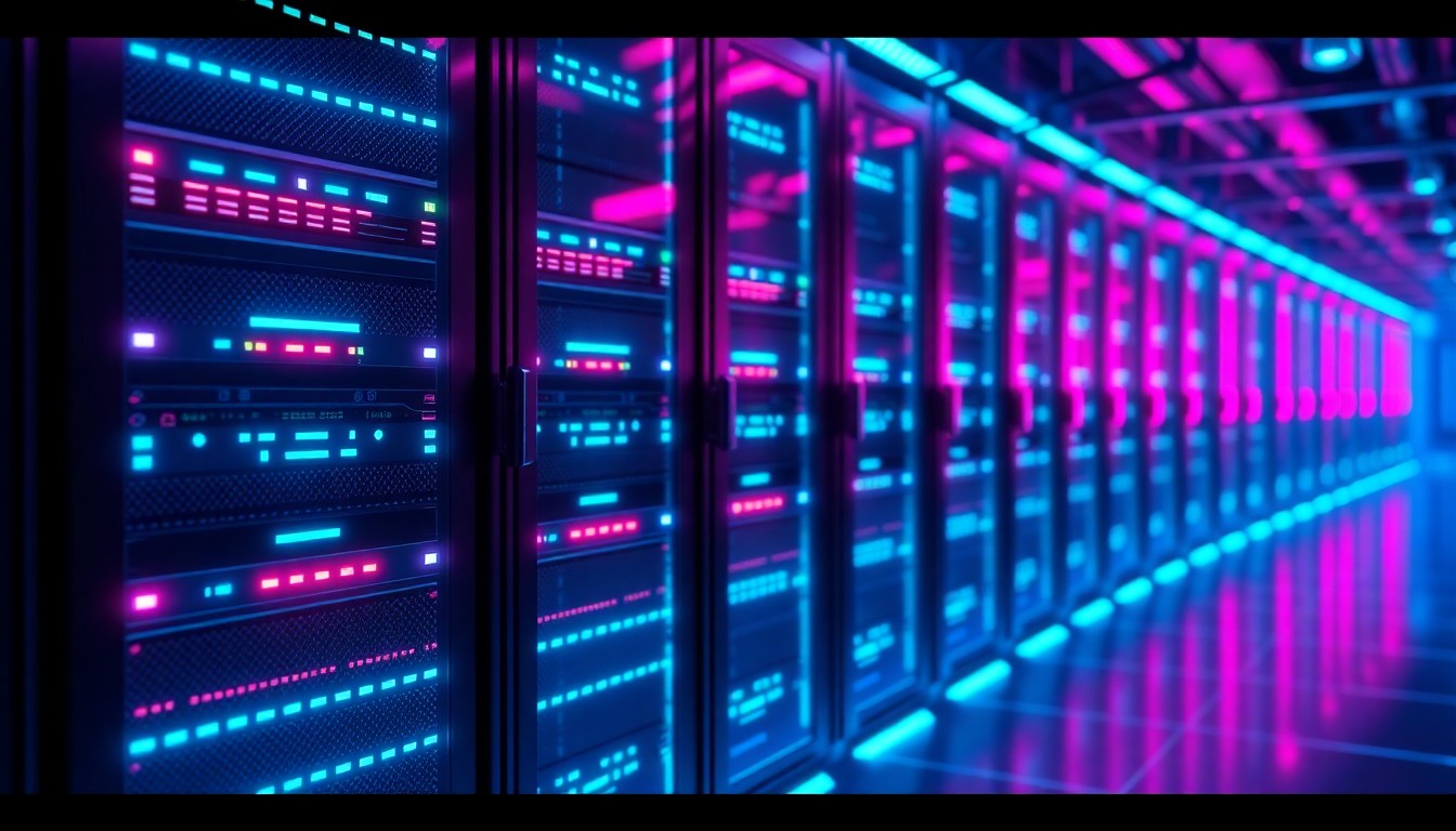 A highly detailed, glowing 3D illustration of a futuristic, neon-lit AI server rack with pulsing cyan and magenta lights, representing the advanced AI infrastructure powering Meta's digital Zuckerberg clone.
