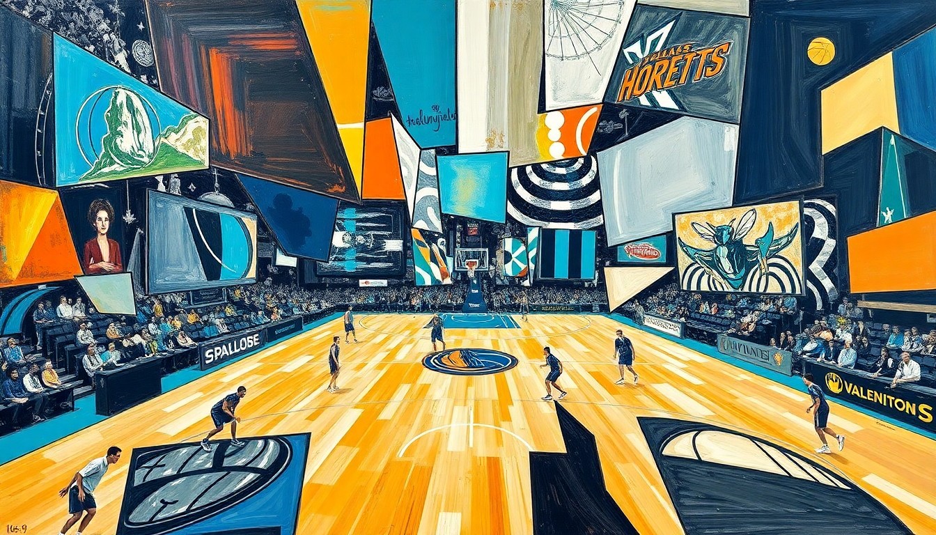 A cubist, geometric painting depicting a basketball game or match, with the players and court broken down into sharp, overlapping planes of color and shape, conveying the competitive energy and high stakes of the Rookie of the Year race.