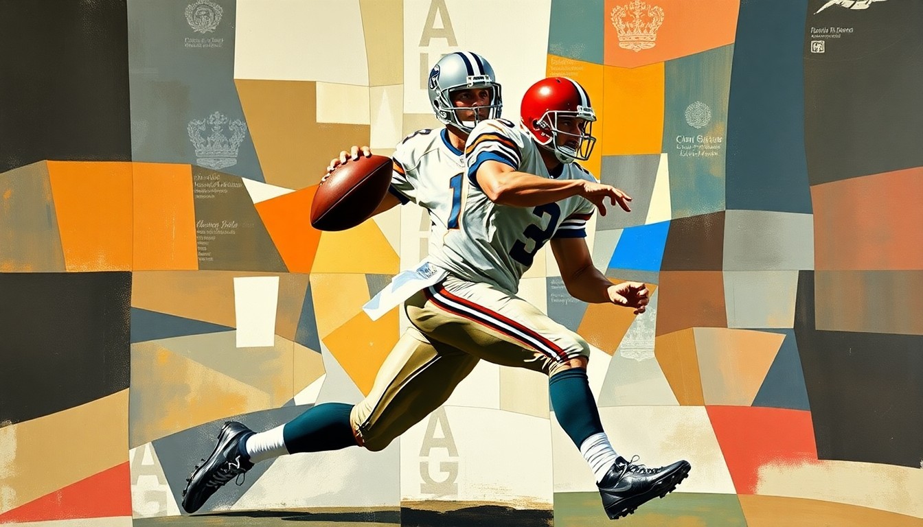 A cubist, geometric painting depicting a football quarterback in motion, with their body and movements broken down into sharp, overlapping planes of color and shape.