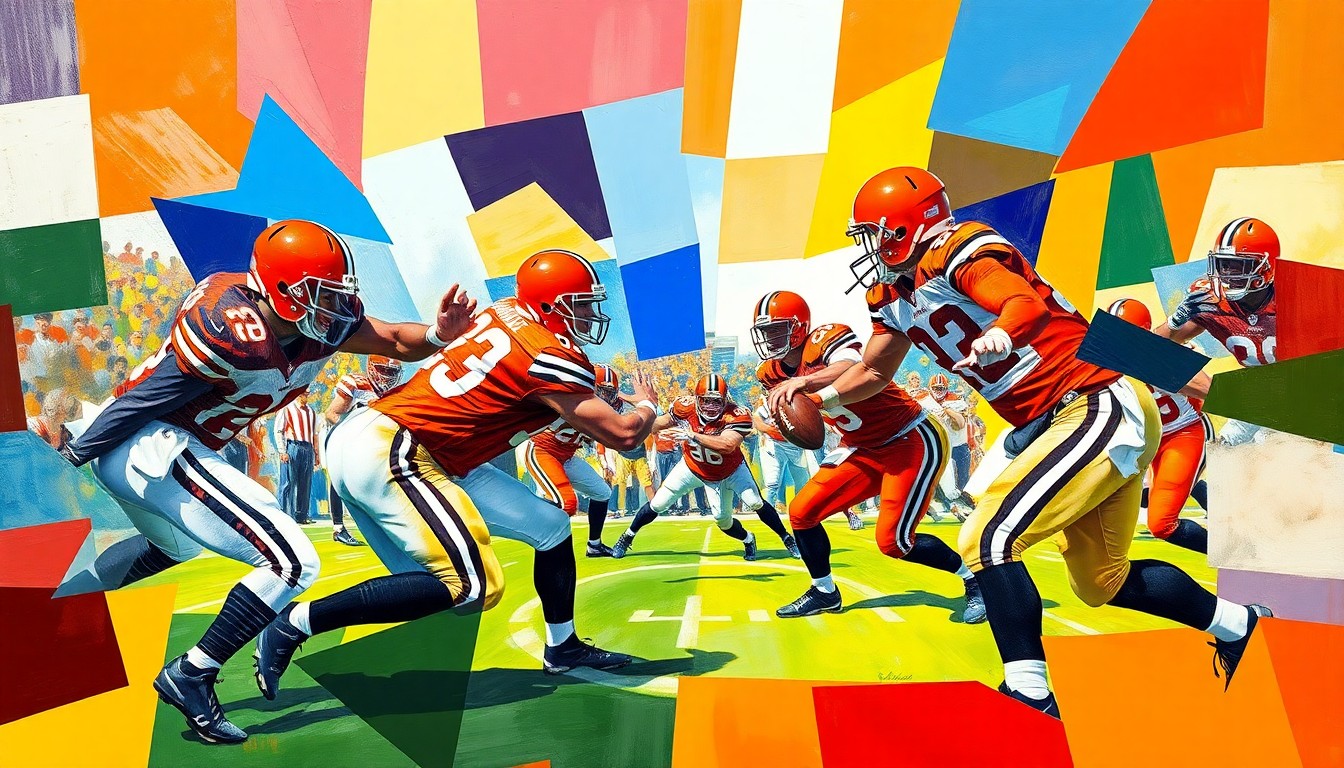 A cubist, geometric painting depicting a fractured football game or quarterback competition, with sharp planes of orange, brown, and white representing the Browns' team colors and the overlapping perspectives of the players and coaches.