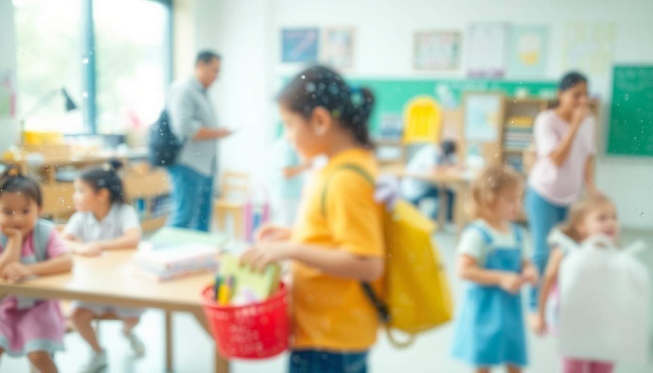 An abstract, impressionistic scene of blurred shapes and colors representing the excitement and energy of a school community event.
