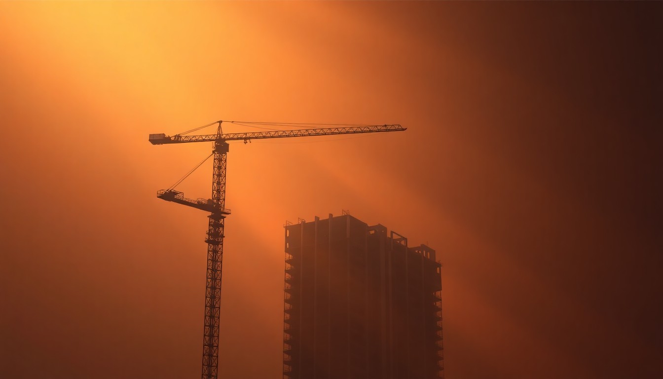 A serene, textured oil painting depicting a lone construction crane overlooking an unfinished high-rise building, the scene bathed in warm, dramatic lighting that casts deep shadows, conceptually representing the tensions between sustainability goals and construction industry concerns.