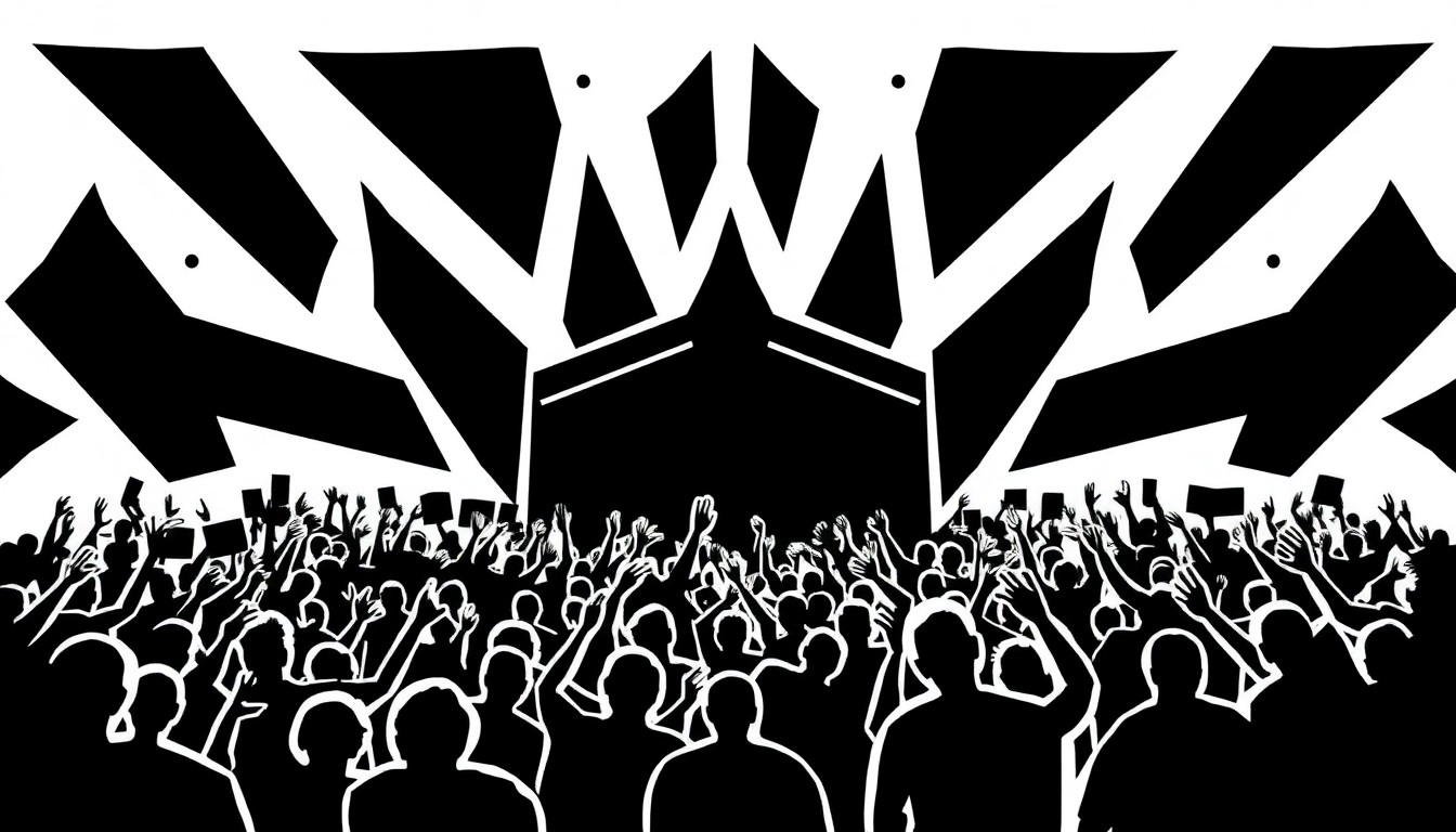 A dynamic abstract illustration using bold black silhouettes and sharp geometric shapes to capture the high-energy spirit of a major music festival.