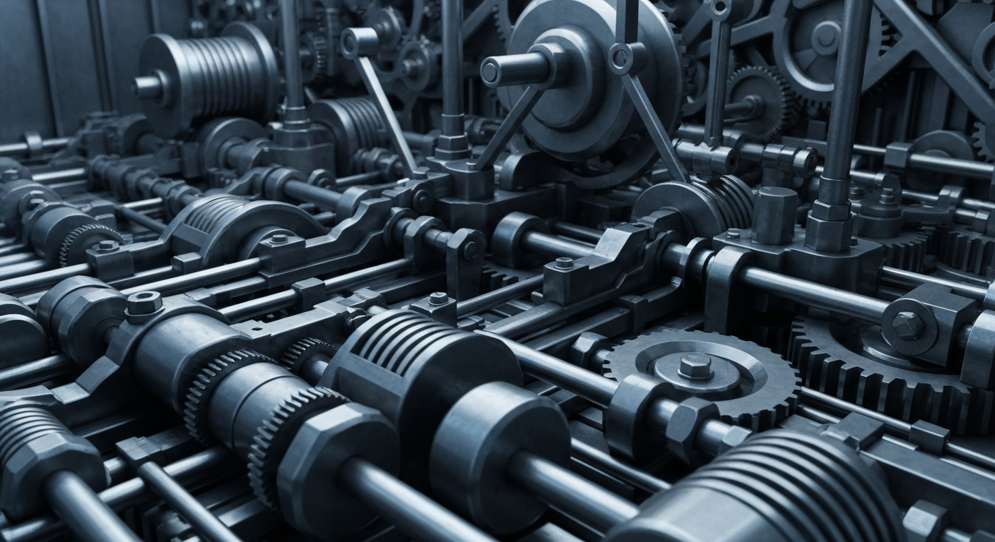 A highly detailed, industrial close-up of a complex network of metal gears, levers, and machinery in shades of grey and blue, conceptually representing the intricate inner workings of a powerful financial institution.