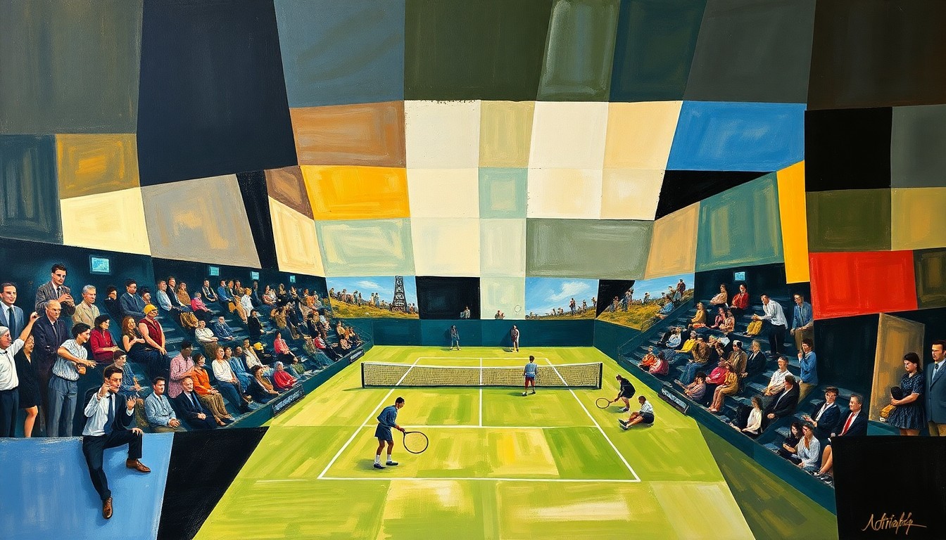 A cubist, geometric painting depicting a tennis match, with overlapping planes of color and shape representing the dynamic action of the sport.