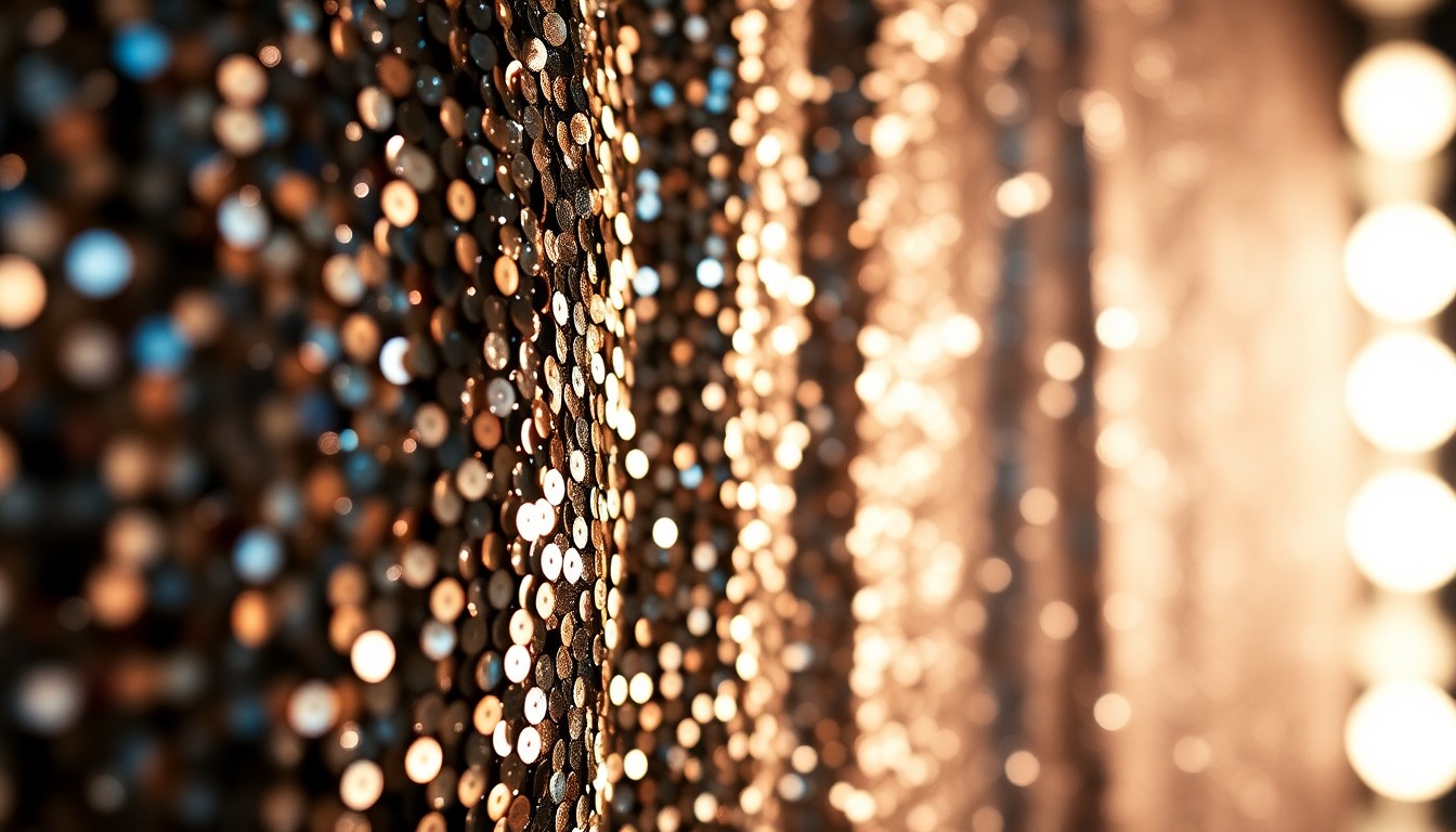 An abstract close-up photograph of sparkling, reflective sequins in dramatic, high-contrast studio lighting, conceptually representing the glamour and luxury of celebrity homes.