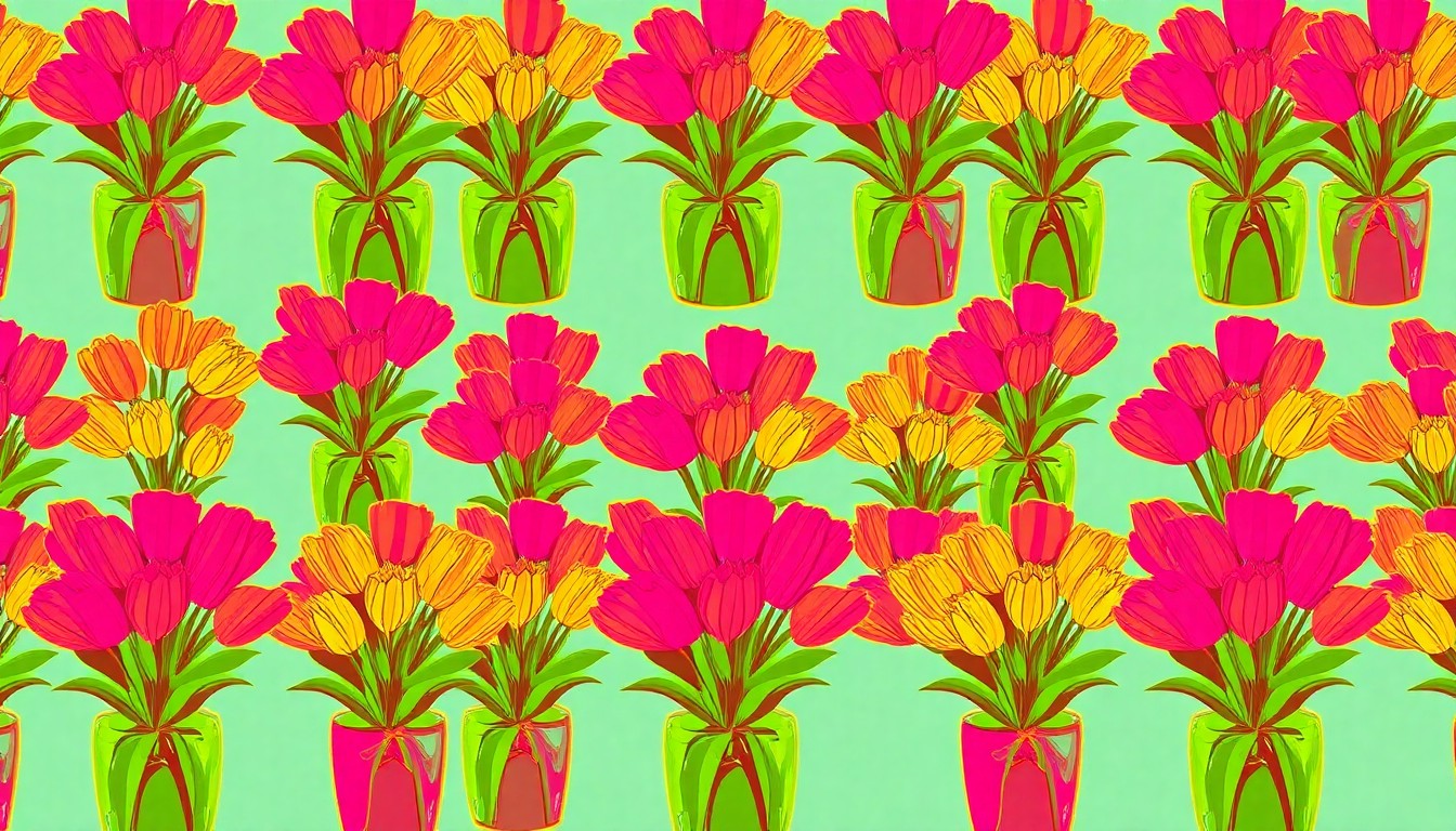A highly stylized, abstract grid of brightly colored floral arrangements, conceptually representing the energy and creativity of a community flower festival.