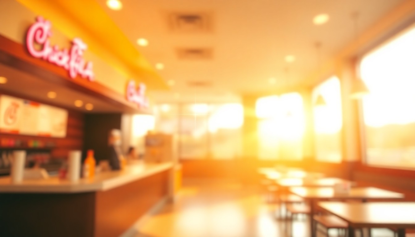 An abstract, out-of-focus photograph in warm tones depicting the interior of a Chick-fil-A restaurant, with the counter and dining area blurred into soft, indistinct shapes and pools of light, conceptually representing the story's themes of integrity and Christian values.