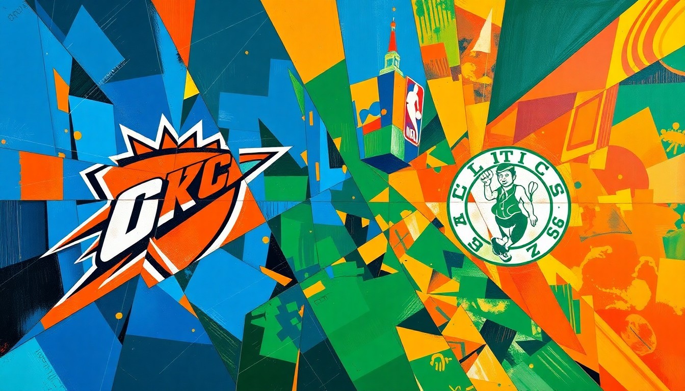 A fragmented, cubist-style painting depicting the action and energy of an NBA playoff game, with sharp geometric shapes and planes of vibrant colors representing the competitive clash between the top teams.