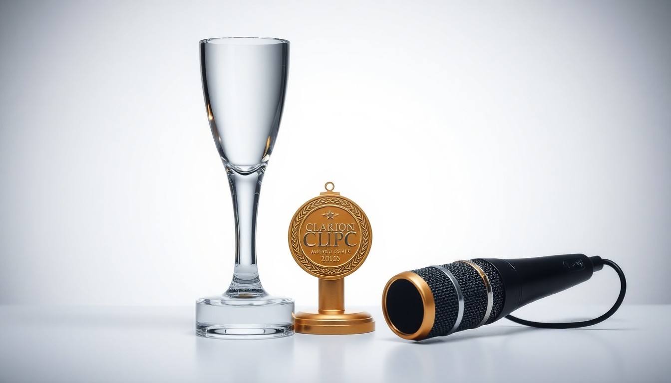 A photorealistic studio still life featuring a glass trophy, gold award medal, and black microphone arranged on a clean, monochromatic background, symbolizing the prestige and recognition of the Clarion Chamber's annual awards.