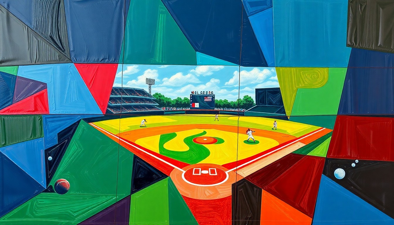 A fragmented, geometric painting depicting the dynamic movements and energy of a baseball or softball game, with sharp planes of color and overlapping perspectives.