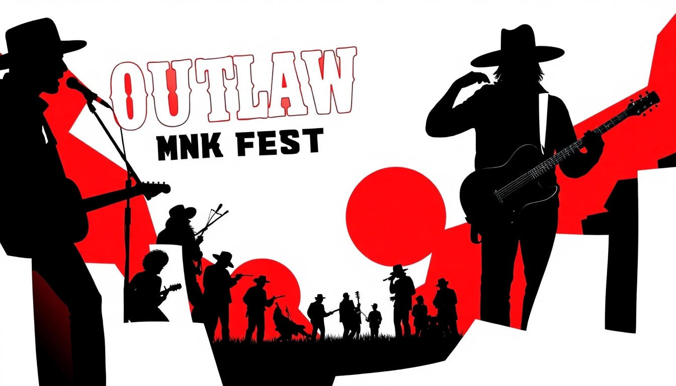 A minimalist, abstract illustration featuring sharp, jagged shapes in bold red and black, conceptually representing the Outlaw Music Festival and its lineup of iconic Americana artists.