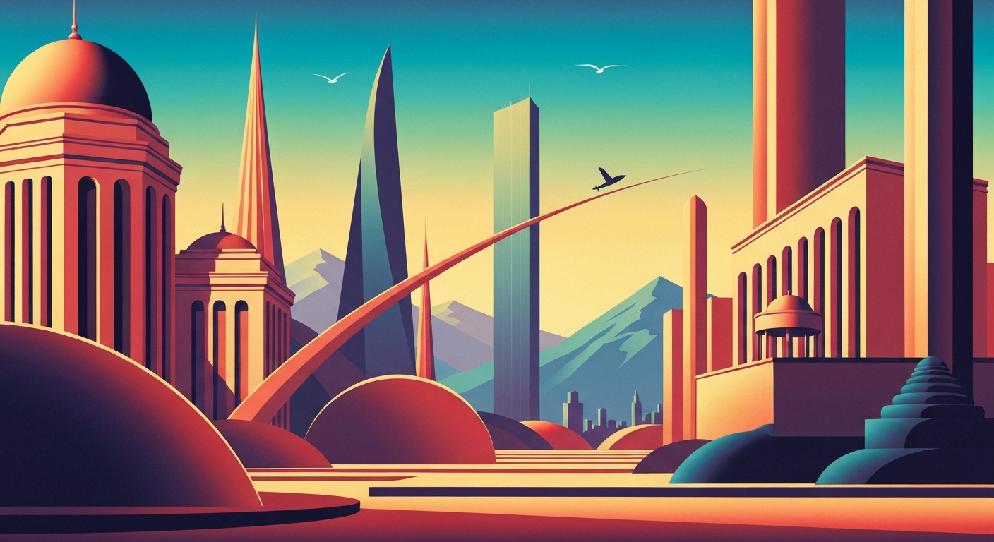A bold, geometric illustration in the Art Deco style, featuring sweeping airbrushed gradients and sleek, streamlined forms that evoke the romance and grand scale of travel by seaplane.