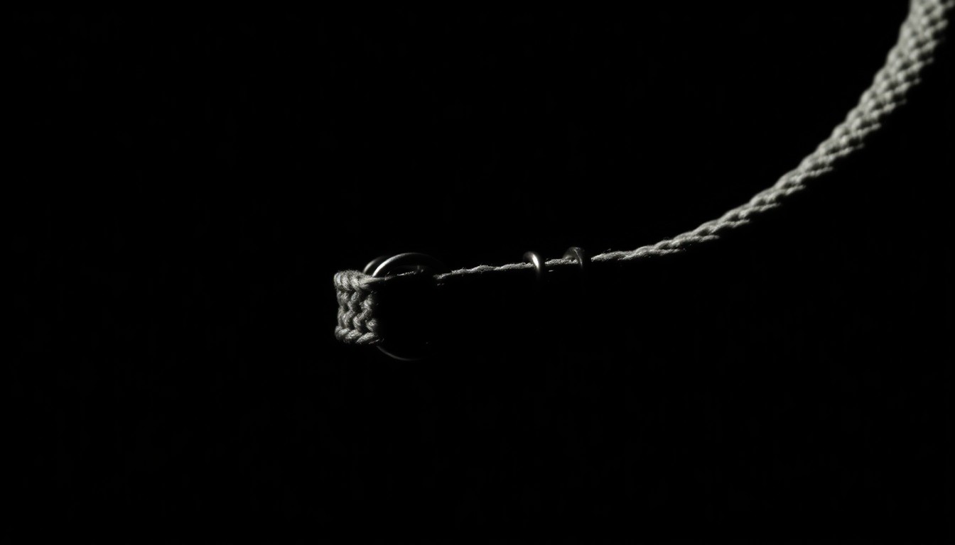 An extreme close-up photograph of a dog collar or leash, the metal hardware and fabric textures dramatically illuminated against a pitch-black background, conceptually representing the investigation into a fatal dog attack.