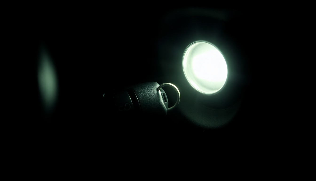An extreme close-up photograph of a car key and ignition switch, lit by a harsh, direct camera flash against a pitch-black background, conveying a sense of investigation and accountability.