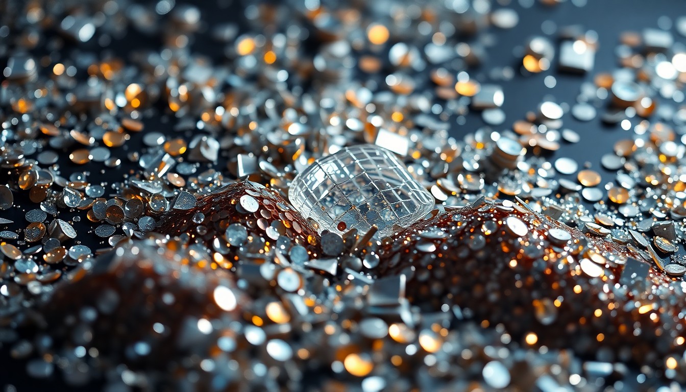 An abstract close-up photograph featuring a textured surface of glittering sequins and shattered glass, captured in dramatic high-contrast lighting to evoke a sense of glamour and nostalgia.