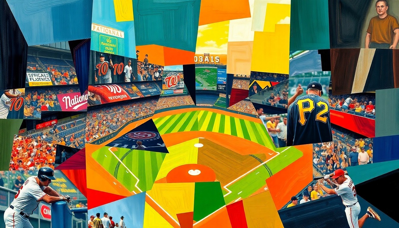 A fractured, cubist-style painting depicting a baseball game between the Washington Nationals and Pittsburgh Pirates, with the players and field broken down into sharp, overlapping geometric shapes and planes of vibrant colors.