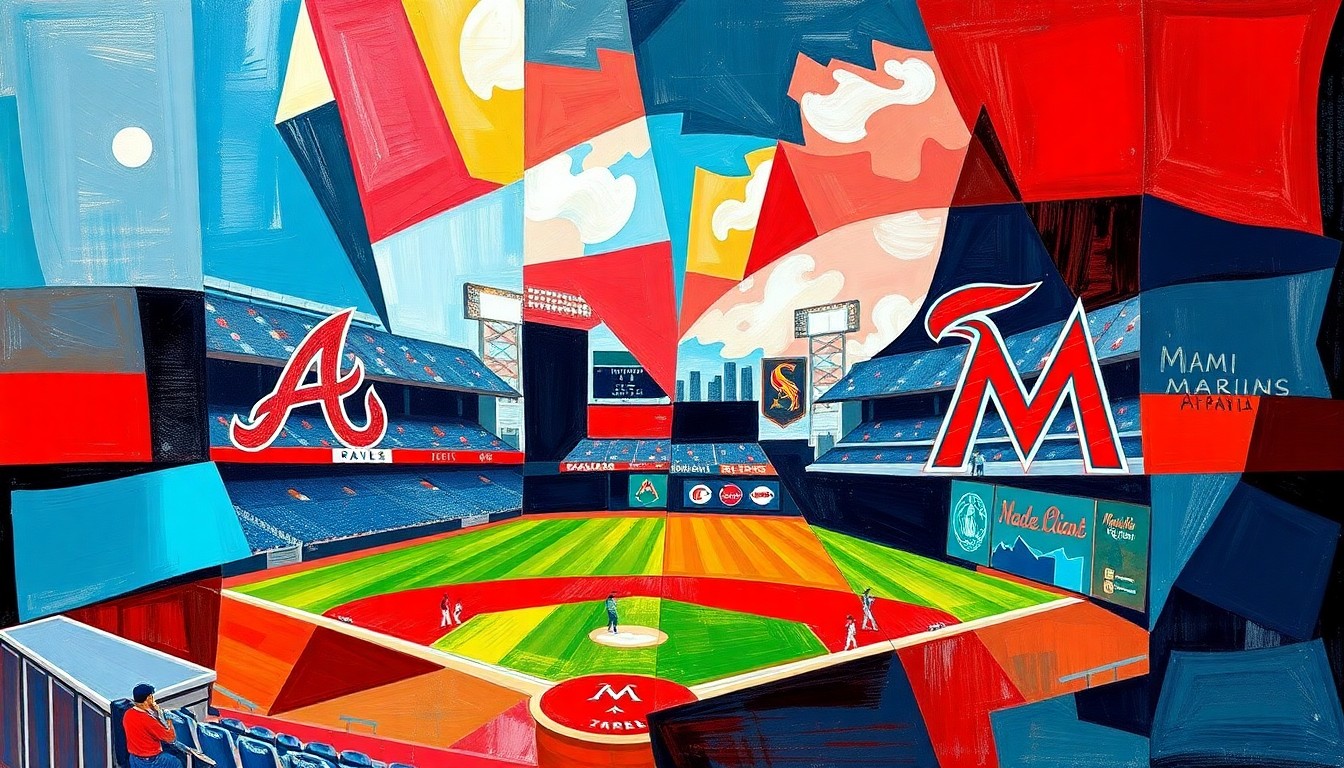 A fragmented, geometric painting depicting a baseball game between the Atlanta Braves and Miami Marlins, with sharp planes of color representing the teams' uniforms and the dynamic action of the sport.