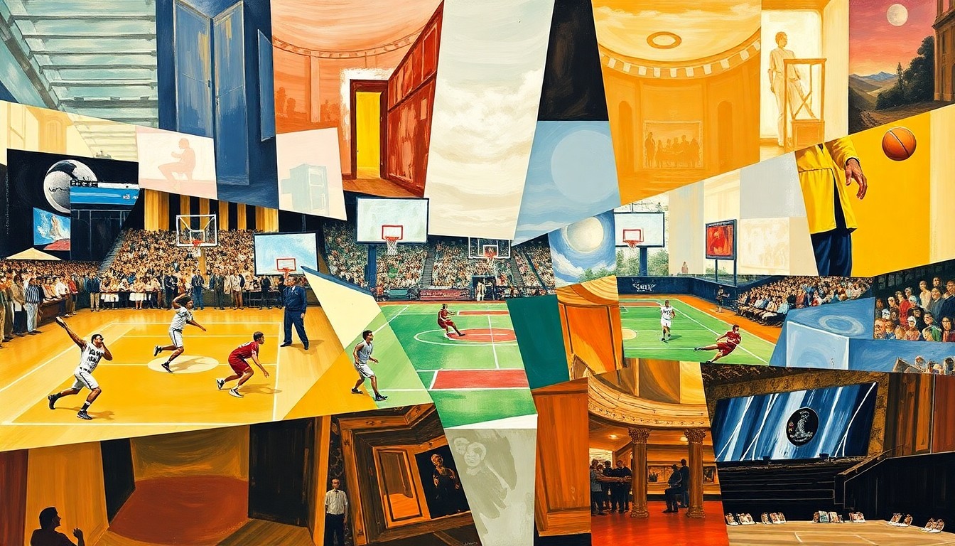 A cubist-style painting featuring fragmented, geometric shapes and planes in bright colors, representing various spring sports activities and movements in an abstract, deconstructed manner.