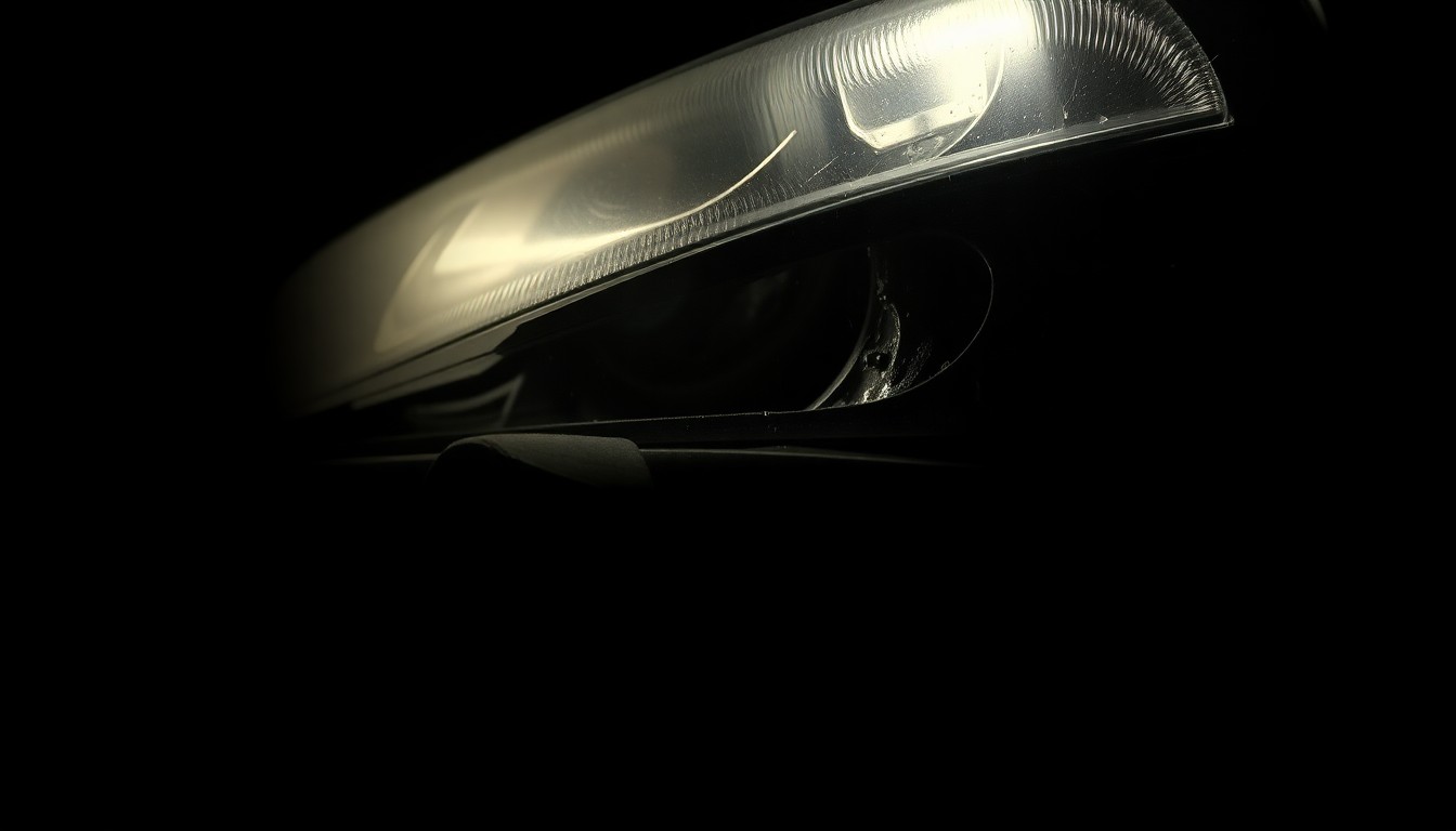 An extreme close-up photograph of a damaged car part, such as a broken headlight or crumpled fender, lit by a harsh flash against a dark background, conveying the gritty aftermath of a motor vehicle accident.