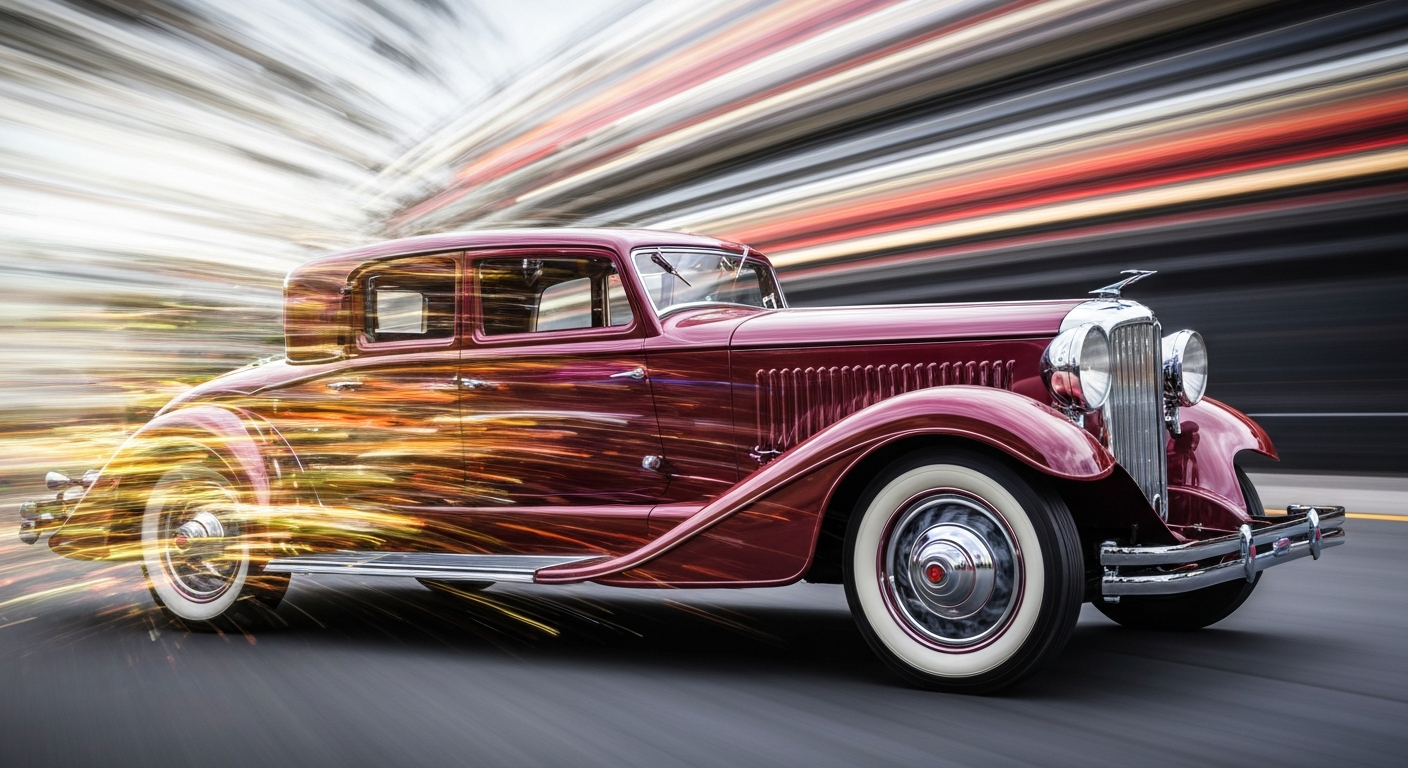 An abstract, motion-blurred image of a 1920s Duesenberg Model J luxury car, its chrome grille and sweeping fenders transformed into vibrant streaks of color against a dark background, conveying the power and speed of this iconic American automobile.