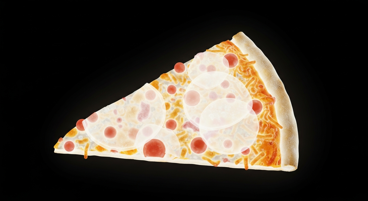 A ghostly, translucent X-ray image of a frozen pizza slice, with the crust, cheese, and toppings visible as glowing lines against a dark background, conceptually illustrating the healthy components of the frozen pizza.