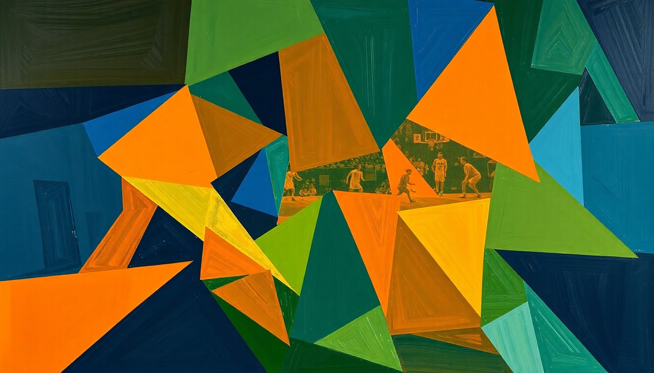 A cubist, geometric painting depicting fragmented basketball players and court elements in shades of blue, green, and orange, conveying the disconnected nature of the Orlando Magic's play this season.