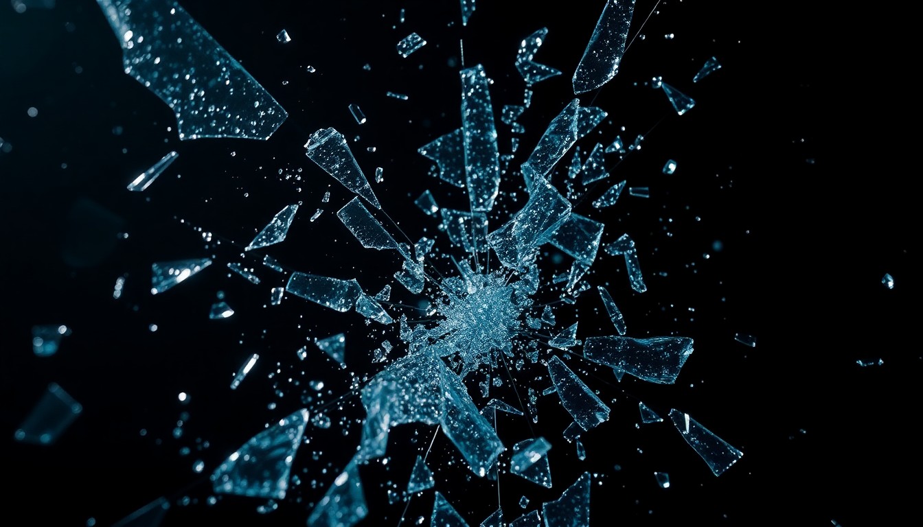 An extreme close-up photograph of shattered glass and glittering shards in a high-contrast, high-fashion studio lighting setup, conceptually representing the dark, unsettling mystery at the heart of the new horror film.