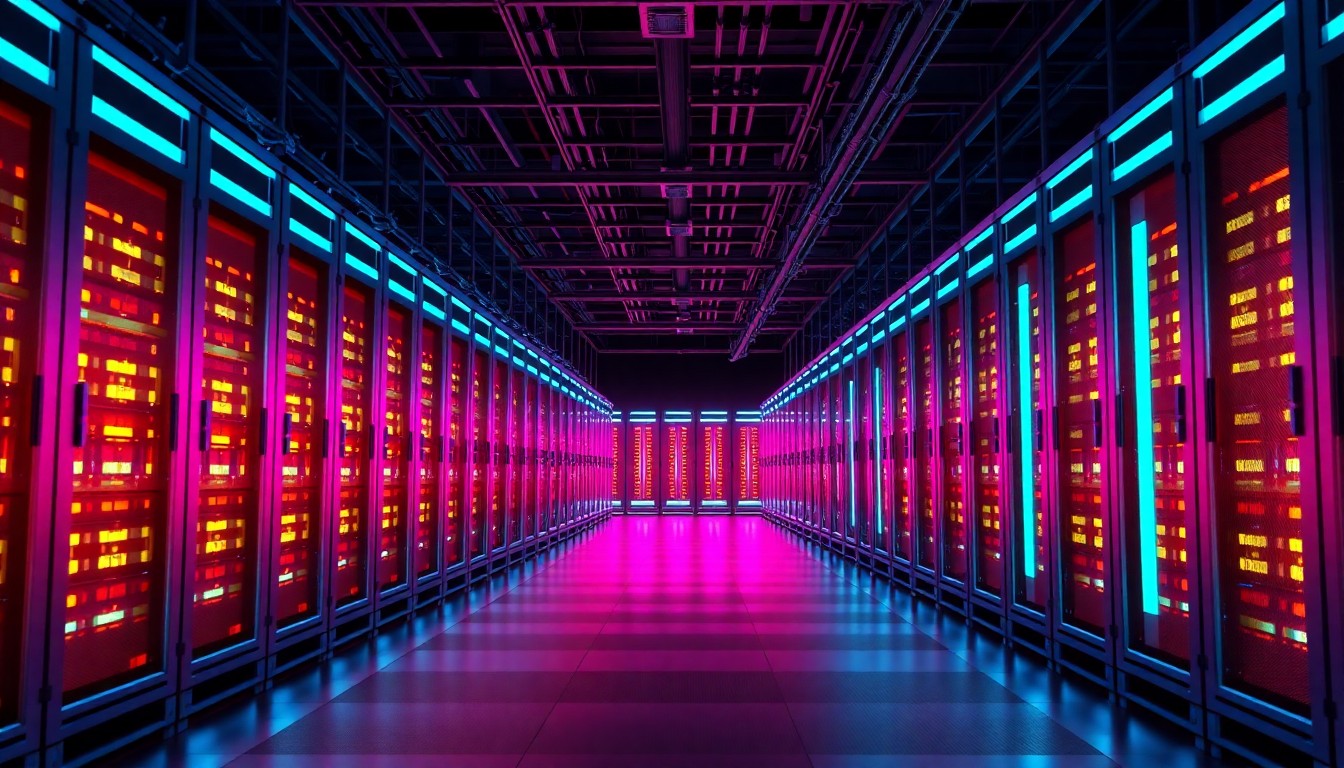 A highly detailed, glowing 3D illustration of a data center facility with rows of illuminated server racks and backup generators emitting neon cyan and magenta lights, conceptually representing the physical infrastructure powering the digital economy.