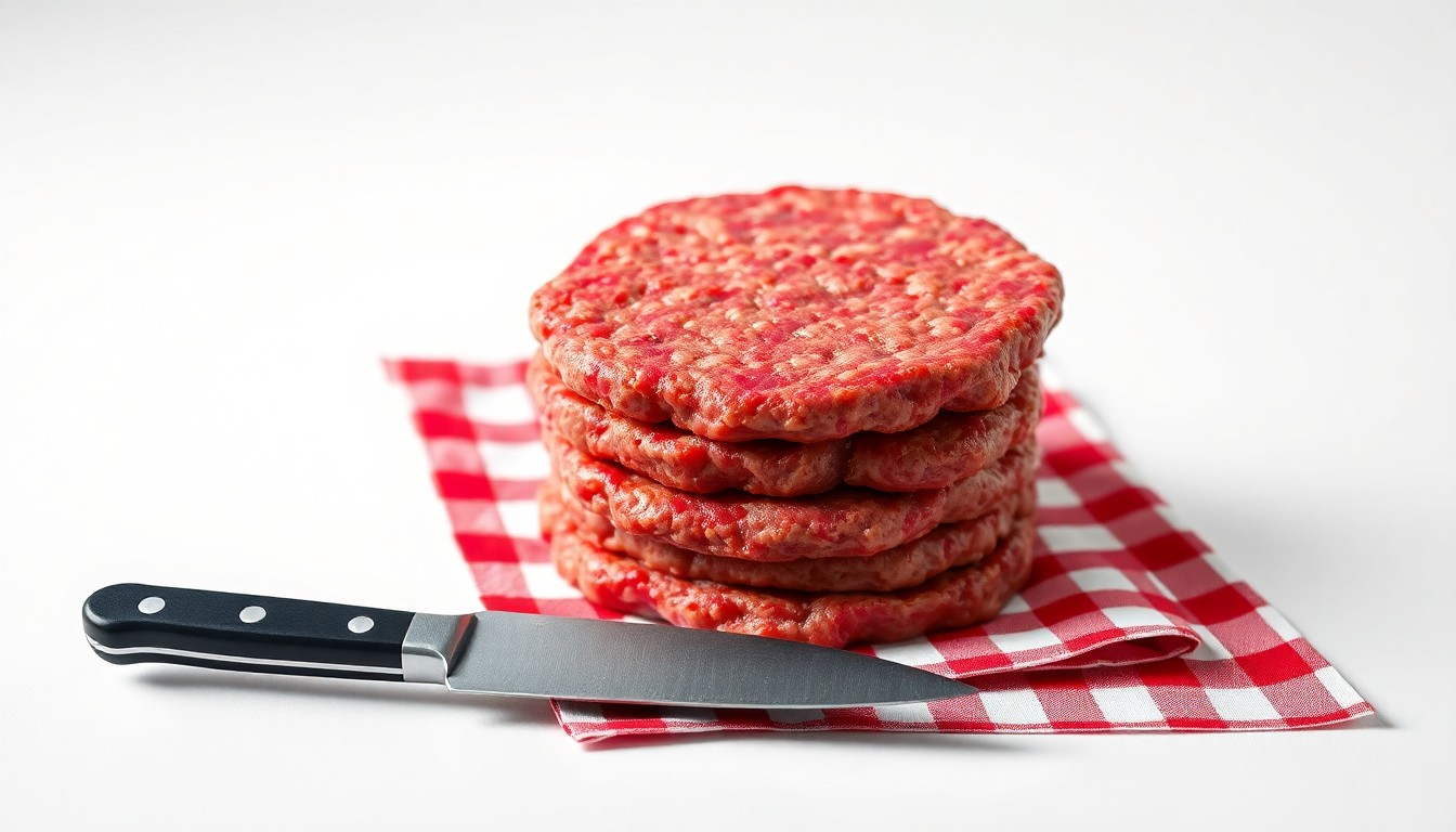 A high-end, photorealistic studio still-life photograph featuring a stack of beef patties, a butcher's knife, and a red-and-white checkered napkin arranged elegantly on a clean, white seamless background, conceptually representing the industrial meat processing industry.