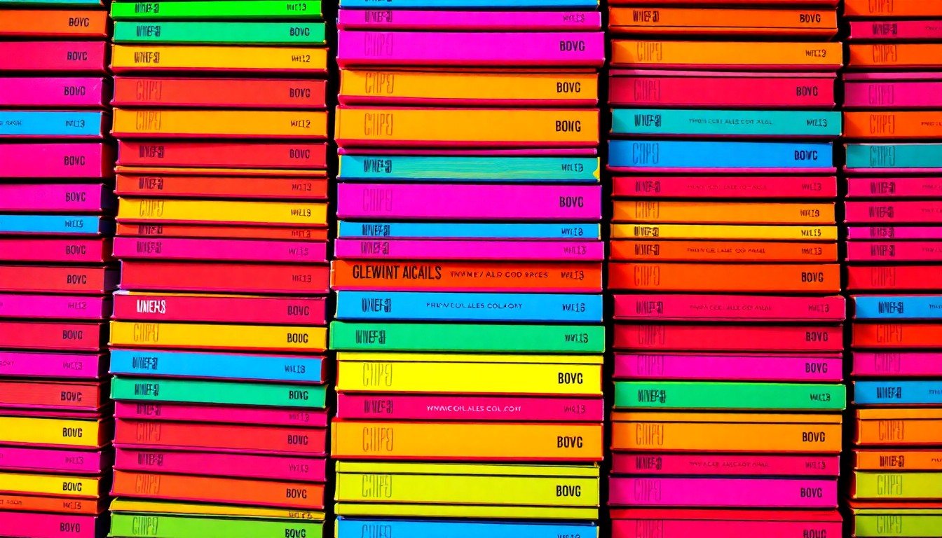 A brightly colored, high-contrast silkscreen print of a stack of children's books in vibrant neon colors, repeated in a tight grid pattern, conceptually representing the integration of emotional development, family engagement, and academic progress in Kahlon's educational model.