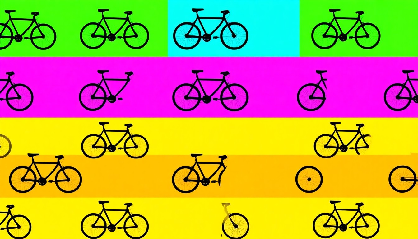 A bold, colorful silkscreen-style illustration featuring a repeated bicycle icon in a grid pattern, capturing the celebratory spirit of new bike infrastructure in the local community.